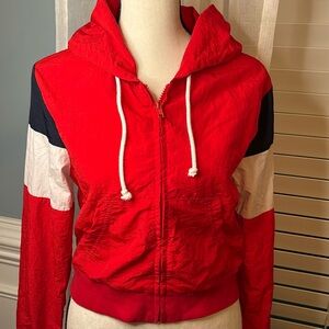 Red white and blue nylon J Galt hooded jacket